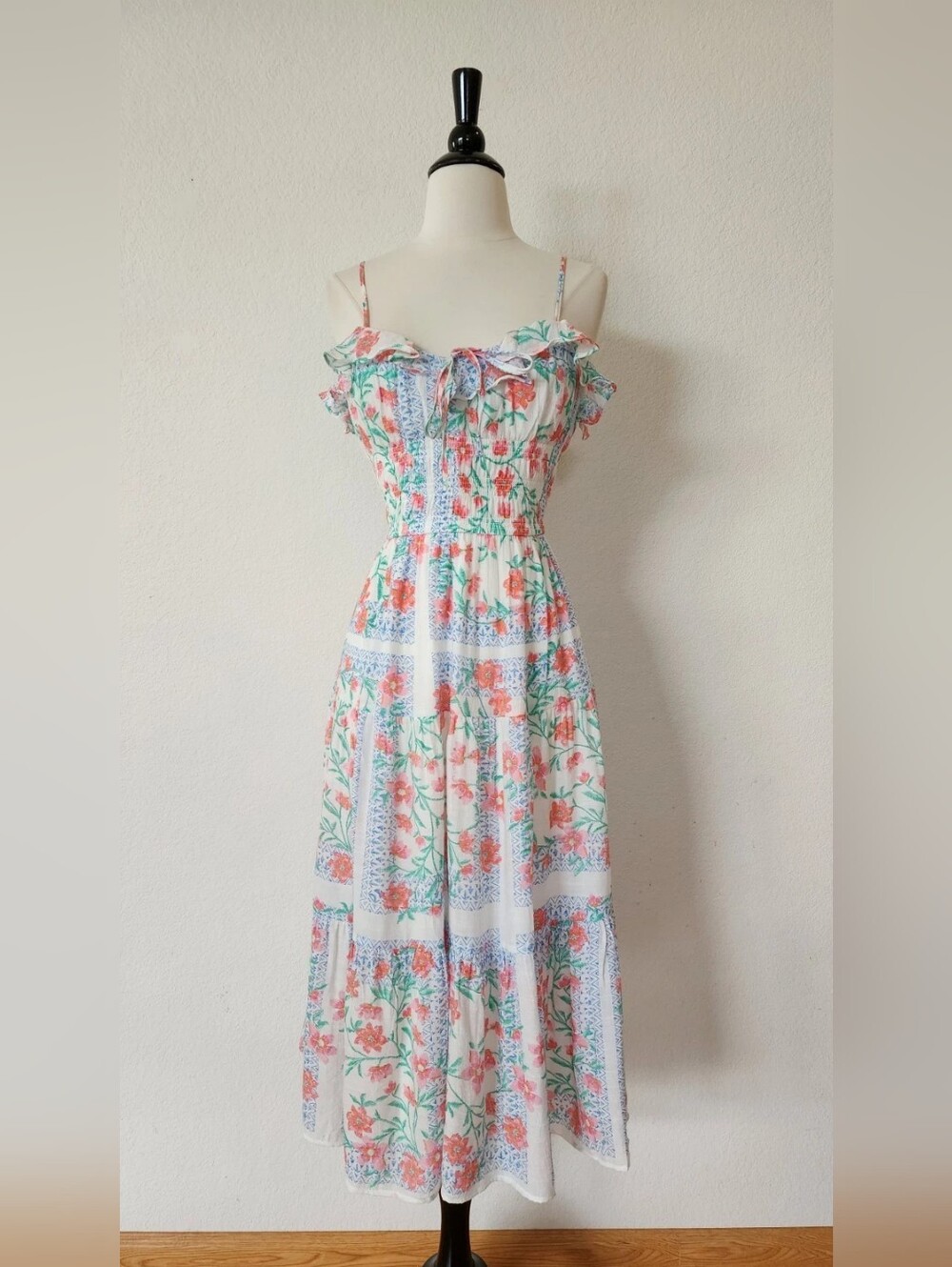 Floral Ruffle Tiered Maxi Dress — White with Coral & Green